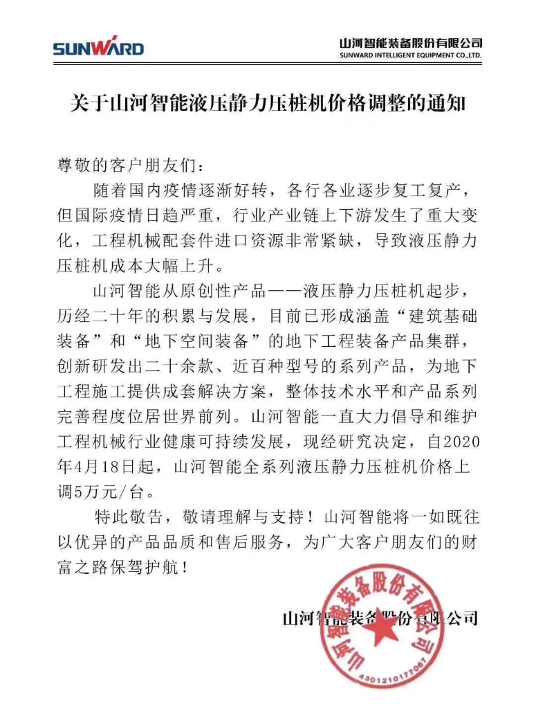 关于3868la银河总站智能液压静力压桩机价值调整的通知