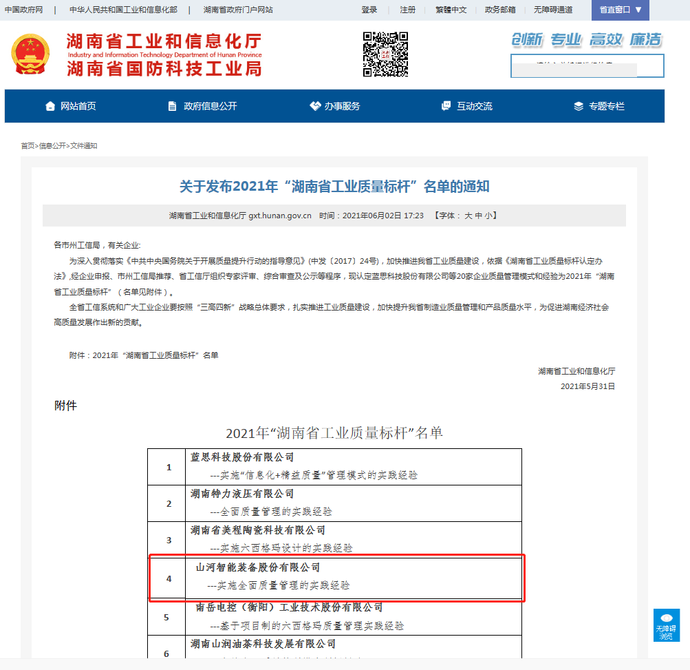 3868la银河总站智能荣获湖南省工业质量标杆企业